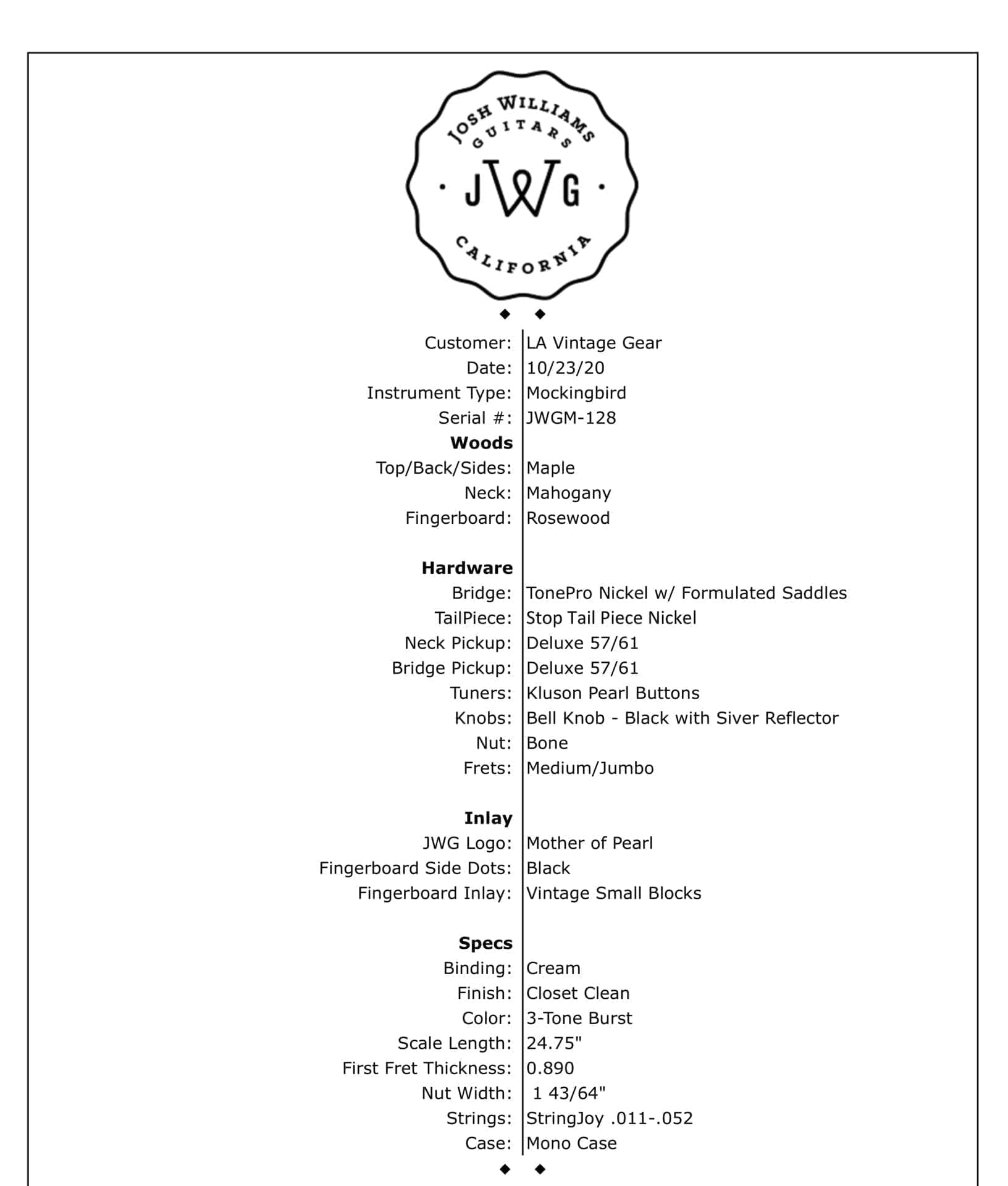 Josh Williams Mockingbird Electric Guitar -3 Tone Sunburst Finish with Small Block Inlays - JWGM128 - Image 22