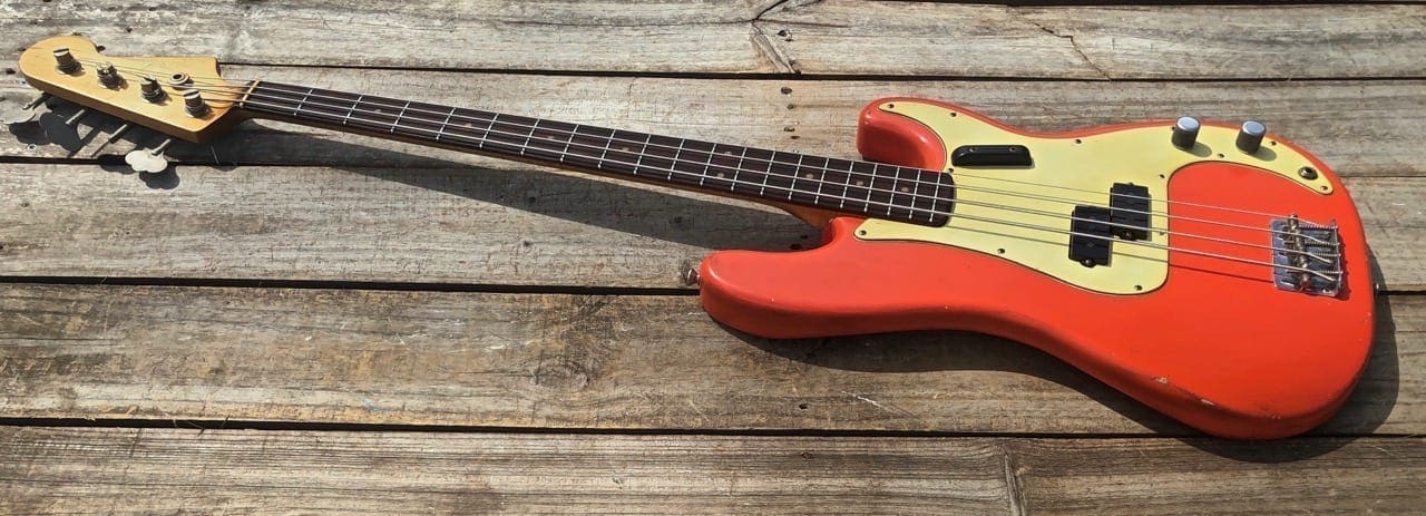 Danocaster P-Style Electric Bass in Faded Fiesta Red - Image 4