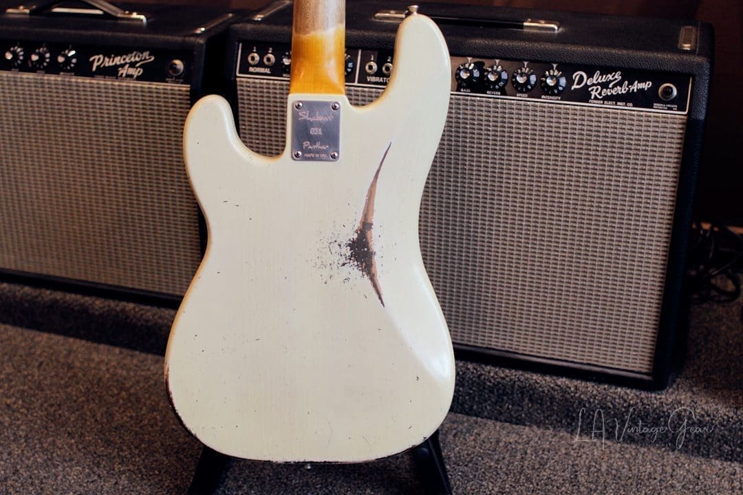 Shabat Panther Relic'd Electric Bass Guitar - Vintage White Finish & Alder Body - Image 11