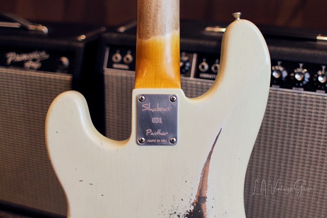 Shabat Panther Relic'd Electric Bass Guitar - Vintage White Finish & Alder Body - Image 12