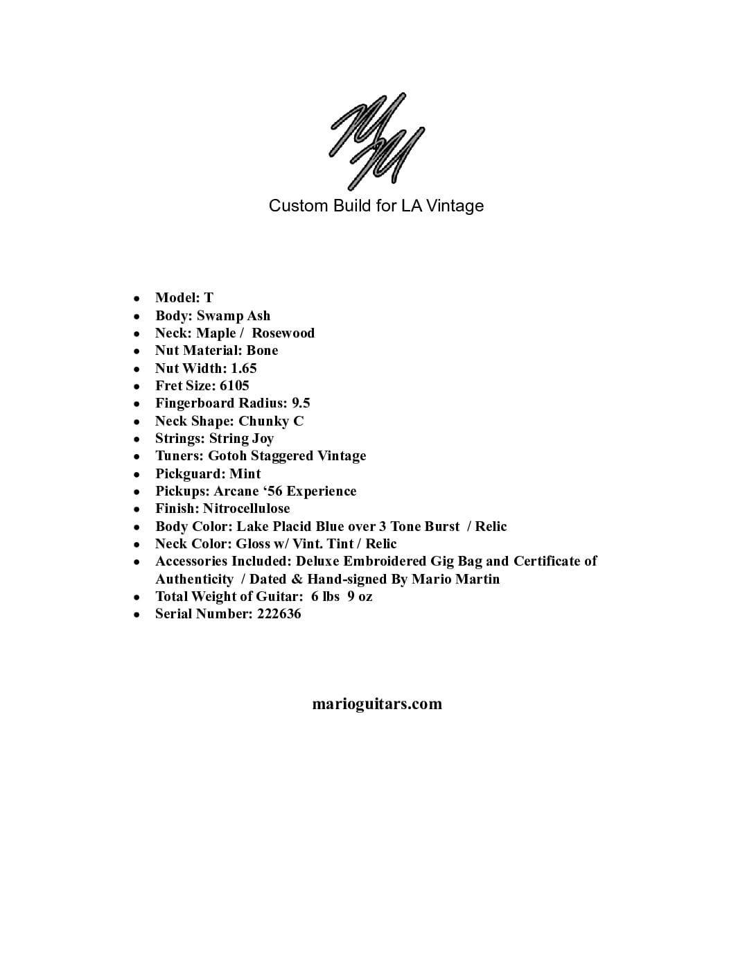 Mario Martin Model-T Electric Guitar - Lake Placid Blue over Sunburst Relic'd Finish - Brand New! - Image 12