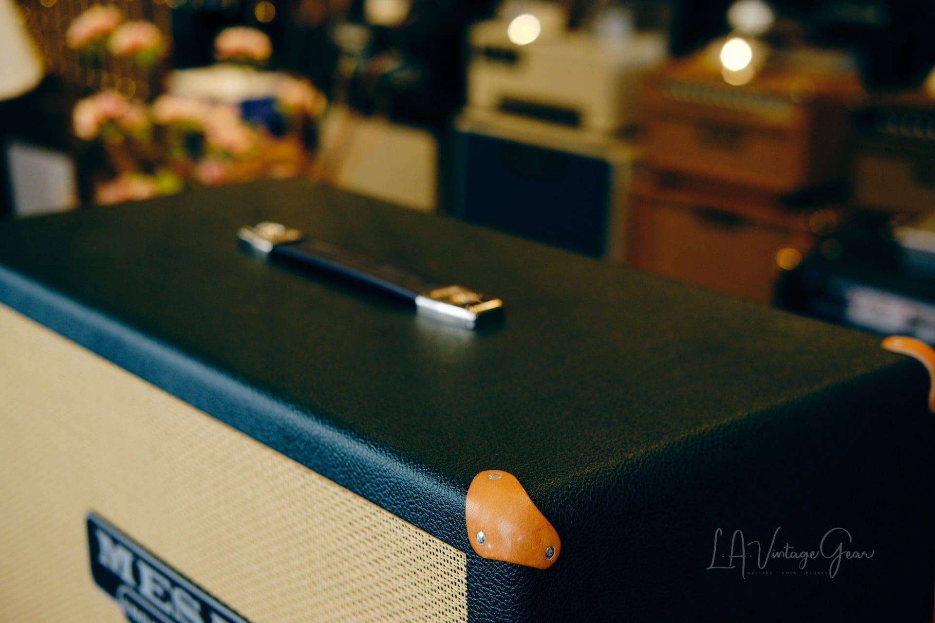 Mesa Boogie 2x12 Guitar Speaker Cabinet-Emerald Green & Tan Grill with Leather Corners, Celestion Vintage 30 Speakers - Image 2