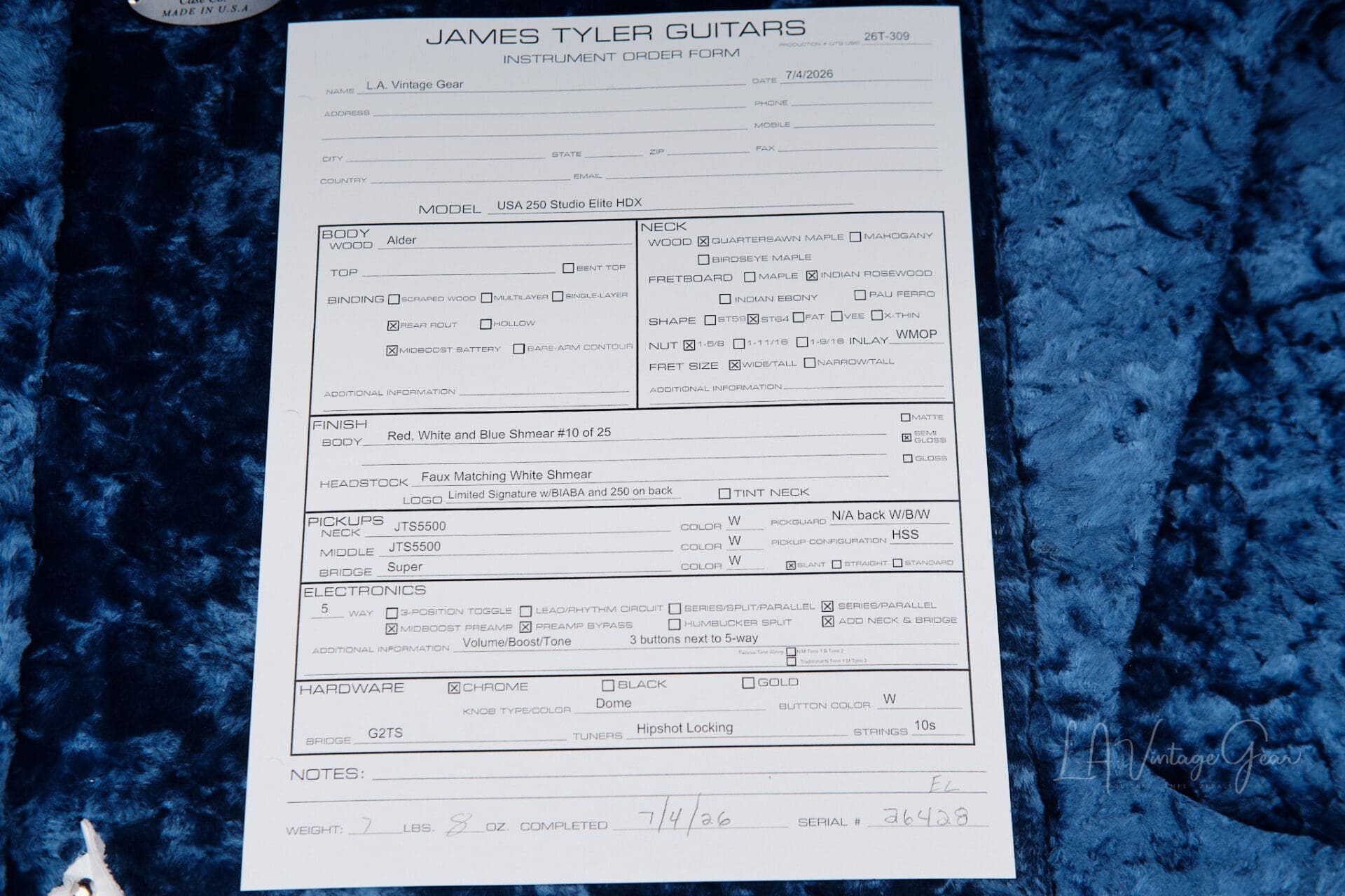 James Tyler USA 250 Studio Elite HDX Electric Guitar - #10 of 25! Red White and Blue Shmear! - Image 13